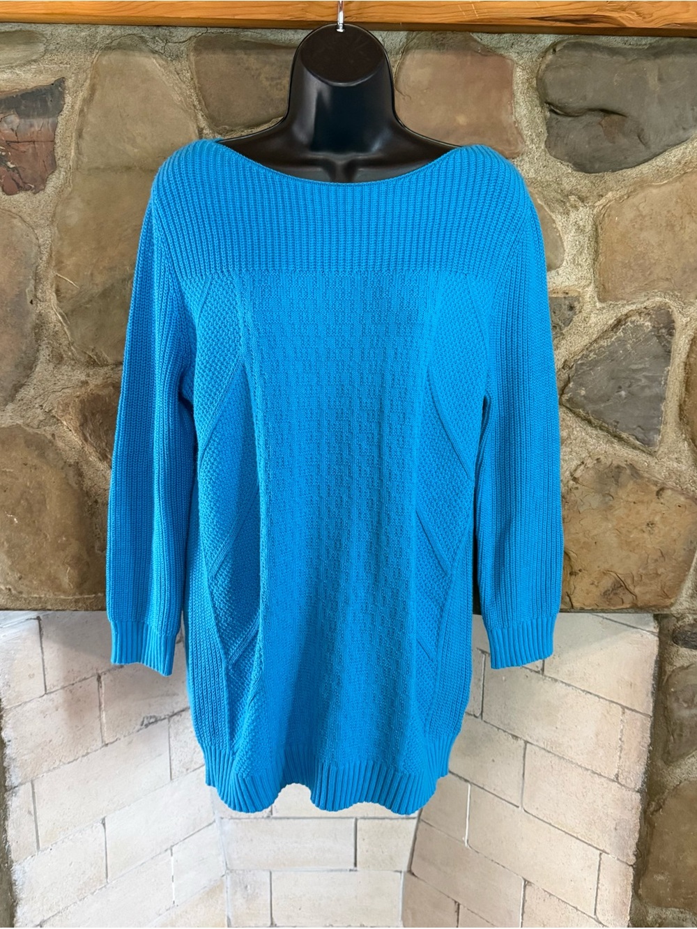 Liz Claiborne soft knit cotton blend boatneck sweater blue thick cozy cabincore